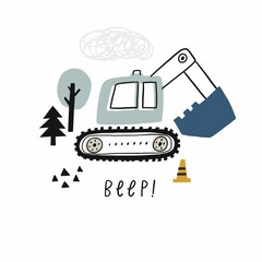 Hand drawn cute cars - Truck, tractor, cargo crane, bulldozer, excavator. Vector set with cute cars for fabric, textile and wallpaper design. Vector cars in scandinavian style © NadezdaBarkova