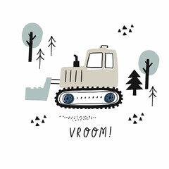 Hand drawn cute cars - Truck, tractor, cargo crane, bulldozer, excavator. Vector set with cute cars for fabric, textile and wallpaper design. Vector cars in scandinavian style © NadezdaBarkova