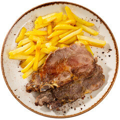Traditional mediterranean roasted pork loin with ribs and fried potatoes. Isolated over white background