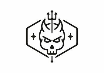 Skeleton head of devil with spear line art illustration