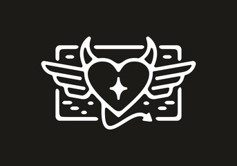 White and black line art illustration of love sign with devil horn and wings