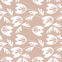 Seamless floral pattern based on traditional folk art ornaments. Modern flowers on color background. Scandinavian style. Sweden nordic style. Vector illustration. Simple minimalistic pattern