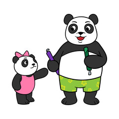 Cartoon Papa Panda and Daughter Eating Ice Pops Illustration
