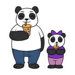 Cartoon Papa Panda and Daughter Drinking Bubble Tea Illustration
