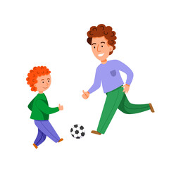 Characters for Fatheres Day. Father and son play soccer together.