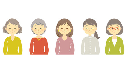 イラスト素材：目を細めた笑顔の表情、年配の女性たちの複数横並び、服装髪型違い、シルバーヘアー
