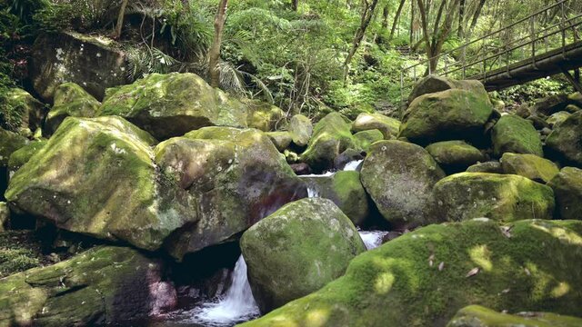 The water from the waterfall flows down.