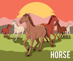 Running horses drawing vector illustration