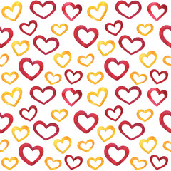 Hand drawn seamless pattern romantic red and golden hearts on white background. Watercolor hearts texture for St Valentine, love, wedding invitations, print, cards, textile, wrapping paper.