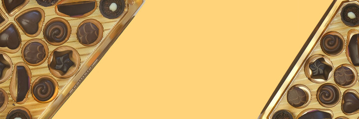   chocolate truffles assortment.  Sweets and chocolate banner.  Chocolate candy box close-up isolated on  yellow  background.Assortment of chocolate truffles.sweets  banner.