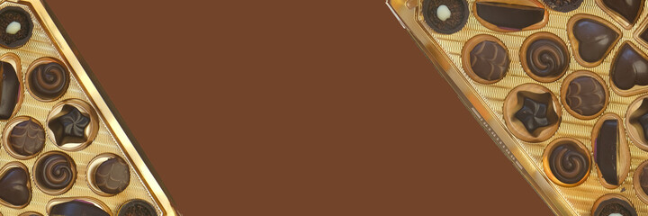   chocolate truffles assortment.  Sweets and chocolate banner.  Chocolate candy box  on   brown background.Assortment of chocolate truffles.sweets  banner.