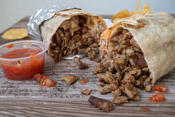 A close up of a carne asada beef burrito wrapped in foil. It is cut in half and has meat spilling out of it. It is on a table with chips and salsa.