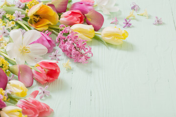 spring flowers on green wooden background
