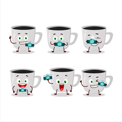 Photographer profession emoticon with coffee cartoon character