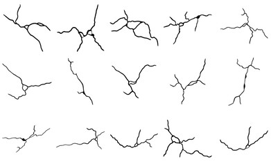 Kintsugi cracks set. Earthquake and ground cracks, hole effect, craquelure and damaged texture. Vector illustrations can be used for kintsugi decorations, topics earthquake, crash, destruction.