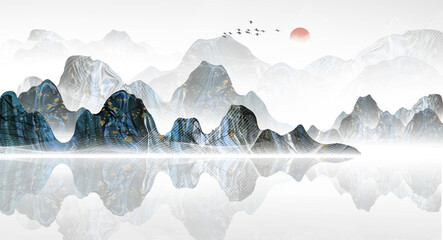Fototapeta na wymiar Chinese style blue mood landscape painting