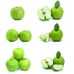 Collection of whole,half,piece of Green Apple(Malus pumila) isolated on white background.Sweet ,sour and freshness taste.Have a lot of fiber,vitamins and minerals.Food,Fruits or healthcare concept.