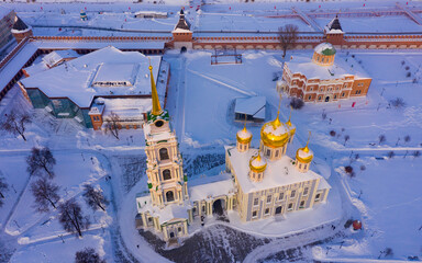 Aerial view of Tula cityscape overlooking medieval Kremlin and Holy Assumption Cathedral on winter day, Russia