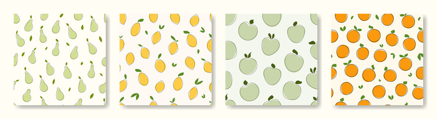 Set of seamless vector fruit patterns. Hand drawn pears, lemons, apples, oranges in doodle style. Printing on clothing, wallpaper, textiles, wrapping paper