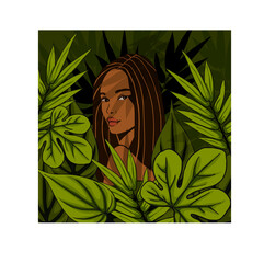Beautiful young woman and tropical leaves, a girl in the forest, jungle, alluring eyes, long hair.  Travel poster. Green vegetative background, face, head. Stock vector illustration. Eastern,Oriental 