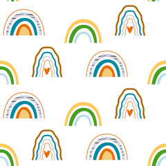 Summer rainbow seamless pattern on white background for scrapbooking, fabric, decoration. Safari rainbow seamless pattern