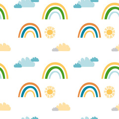 Summer rainbow seamless pattern on white background for scrapbooking, fabric, decoration. Safari rainbow seamless pattern