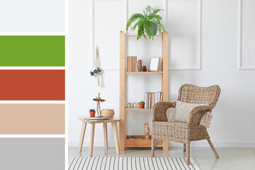 Interior of modern room with shelf unit and wicker armchair. Different color patterns