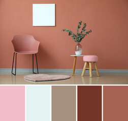 Chair and table near color wall in room. Different color patterns