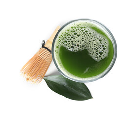 Glass of matcha tea and chasen on white background