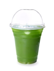 Takeaway cup of matcha tea on white background