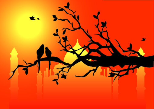 Taj mahal view with birds on the tree 