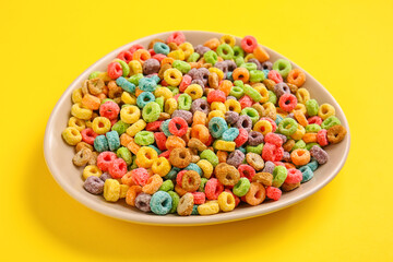 Plate with tasty cereals on color background