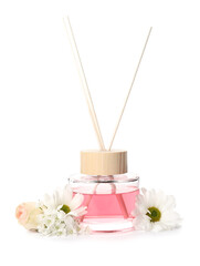 Reed diffuser with flowers on white background