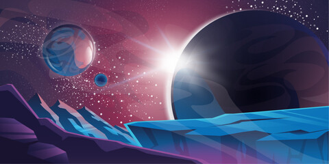 Cosmic background, alien planet deserted landscape with mountains, rocks, deep cleft and stars shine in space. Extraterrestrial computer game backdrop, parallax effect cartoon vector illustration © klyaksun