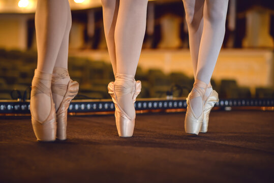 Beautiful young ballerinas dancing in theatre, closeup