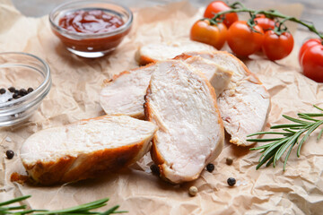 Baking parchment with tasty chicken fillet on table, closeup