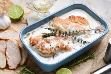 Baking dish with tasty chicken fillet on light background, closeup