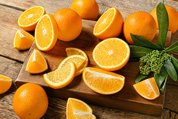 Fototapeta na wymiar Board with cut fresh oranges on wooden background