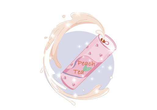 A can of milk tea peach flavor. Pink pastel can with splash milk tea and sparkles in anime style. Isolated Authentic  food and drink illustration on white background. 