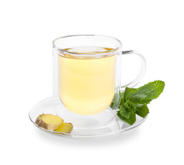 Cup of tea with ginger and mint on white background