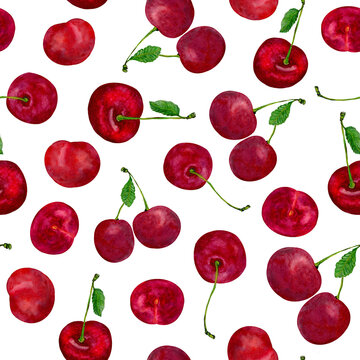 Cherries repeat seamless pattern on white background. Watercolor and digital hand drawn picture for textiles, fabrics, souvenirs, prints, packaging and greeting cards.