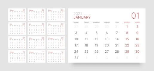 Monthly calendar for 2022 year. Week Starts on Monday.