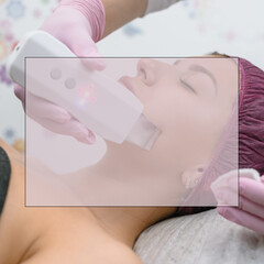 Naklejka premium Cosmetologist doing ultrasound rejuvenation procedure to female client in modern beauty salon, with field for ad text