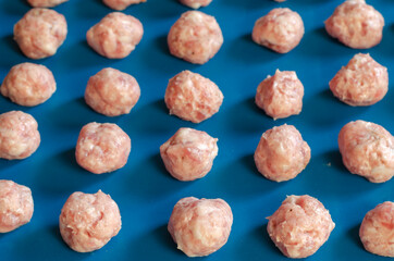 Raw shaped meatballs on blue.