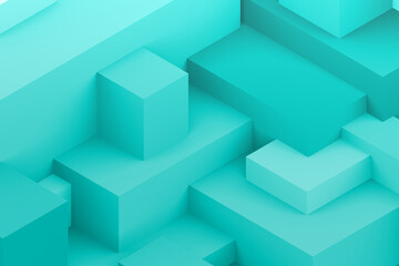 Abstract green blue geometric cubic dark color background. isometric 3d render.