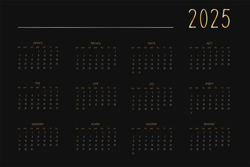 2025 calendar for personal planner diary notebook, gold on black luxury rich style. Horizontal landscape format. Week starts on sunday