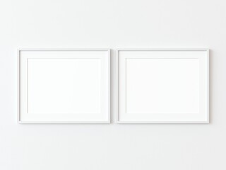 Two light wood thin rectangular horizontal frame hanging on a white textured wall mockup, Flat lay, top view, 3D illustration