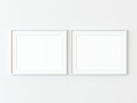 Two light wood thin rectangular horizontal frame hanging on a white textured wall mockup, Flat lay, top view, 3D illustration