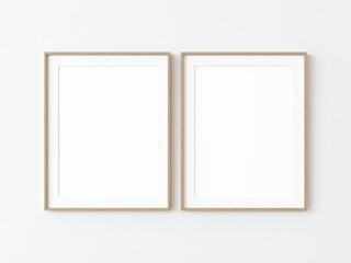 Two light wood thin rectangular vertical frame hanging on a white textured wall mockup, Flat lay, top view, 3D illustration