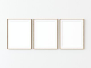 Three light wood thin rectangular vertical frame hanging on a white textured wall mockup, Flat lay, top view, 3D illustration